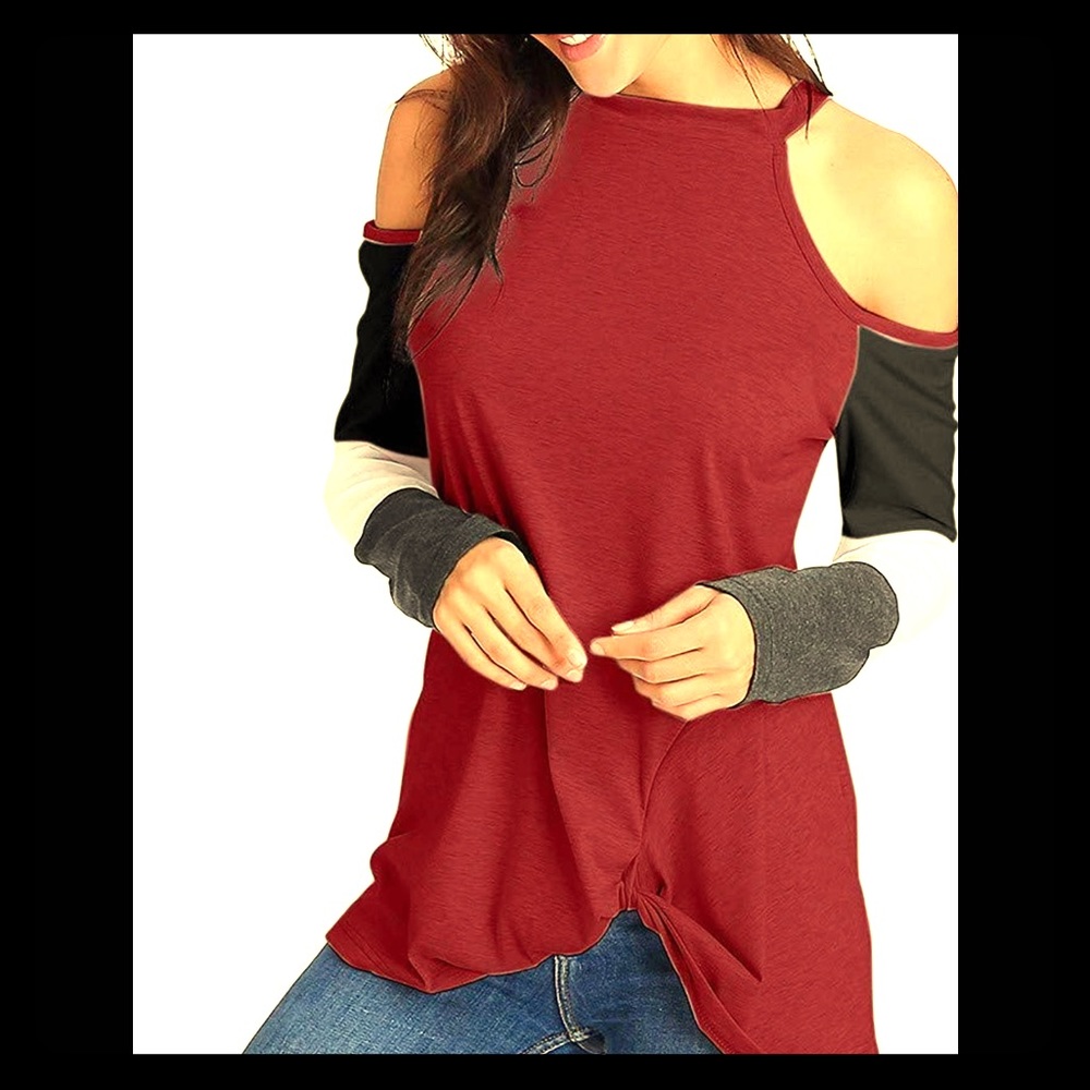 Long Sleeve Cold Shoulder Patchwork Top